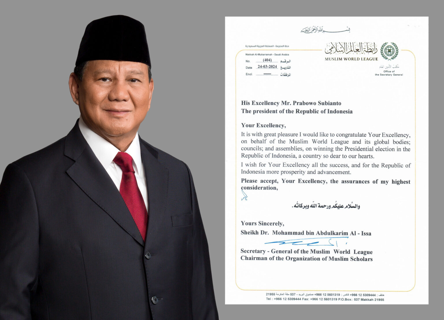 World Muslim League Congratulates Prabowo Subianto on his Presidential Victory